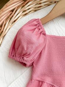 SHEIN 女嬰夏季可愛素色短袖上衣與長褲套裝 - 粉色 - 查看 3