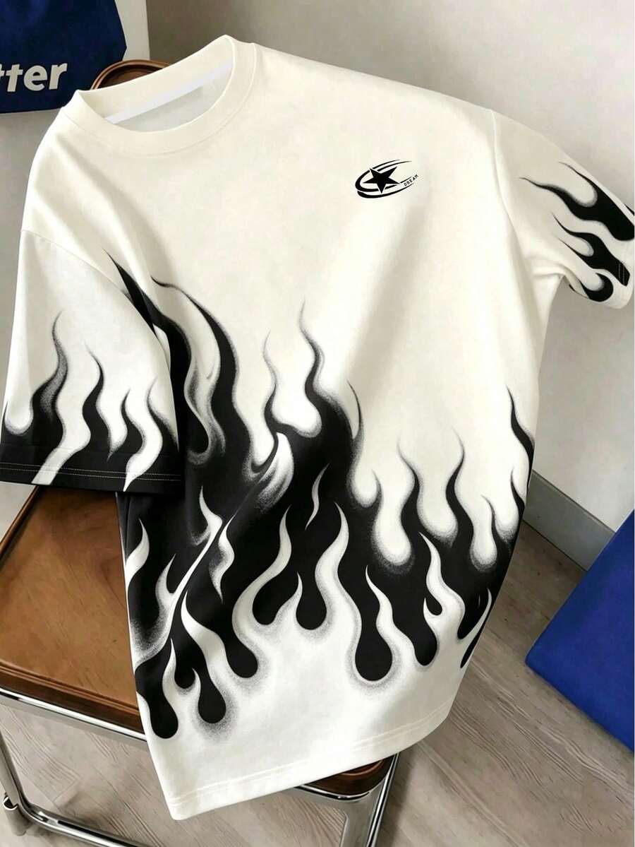 Gym Rark 男士大尺碼夏季休閒時尚街頭風火焰星星印花短袖寬鬆版型運動T恤 - 黑色 - 查看 1