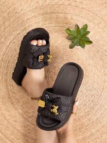Nuevas sandalias de mujer para el verano con suela gruesa, decoracion floral,sandalias casuales de mujer para vacaciones, viajes, fiestas en la playa, - Negro - Ver 1