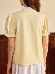 Vintamour Vintage Romantic Elegant Women Shirt Lace Floral Embroidery Color Block Bow Tie Button Puff Sleeve Casual Office Picnic Holiday Blouse For Summer - Pale Yellow - View 6