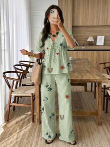 Flora Isola Flora Isola Blue Striped Color Print V-Neck Short Sleeve Tie Waist Pants Set Two Pieces Outfit For Women Spring Summer Casual Vacation Wear - Multicolor - View 3
