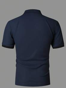 Calvornis 男士夏季條紋短袖休閒通勤 Polo 正裝襯衫，儀式適用 - 藏蓝色 - 查看 2