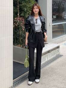 DAZY Women's Solid Color Split Design 2 In 1 Long Pants With Back Flap School Fall - Black - View 8
