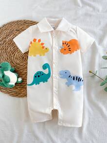 SHEIN Vintaside Kids Bộ romper bé trai tay ngắn cổ bẻ họa tiết động vật dễ thương màu mơ, mở phía trước, romper cổ bẻ mùa hè cho bé, phù hợp cho mùa xuân và mùa hè, phù hợp cho 3M-24M - Màu be - Xem 6
