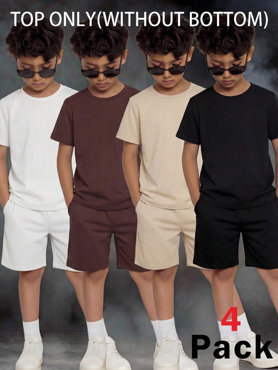 SHEIN 4件組兒童青少年男孩休閒字母印花圓領針織套頭T恤，4種不同顏色：黑色、白色、杏色、棕色，寬鬆版型短袖針織T恤，適合度假、外出，買1送3，高CP值