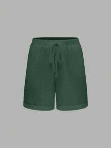 SHEIN EMERY ROSE CURVE Plus Size Vacation Washed Cotton Cinched Waist Back Pocket Button Decor Women's Short Top - Dark Green - View 3