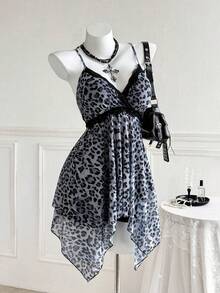 Sweetra Plus Size Leopard Print Lace Trim Asymmetric Hem Women Tank Top - Multicolor - View 6