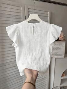 SHEIN LMoss Kids 青少年女孩白色紋理編織圓領抓皺荷葉邊飛袖修身休閒上衣，度假風法式優雅，適合春季出遊、度假、開學 - 白色 - 查看 2
