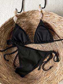 Swim Vcay Solid Color Textured Fabric, Shoulder Strap Stone Accessory Decoration, Waist Side Tie, Elegant Sexy Vacation Women's Swimsuit Set Beach Black Summer - Black - View 2