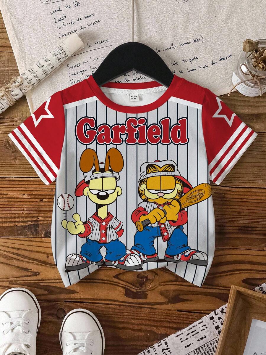 GARFIELD | SHEIN 男嬰條紋卡通圖案印花圓領短袖上衣 - 白色 - 查看 1