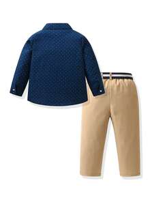 SHEIN Young Boy Gentleman 2-Piece Set Polka Dot Long Sleeve Shirt And Suit Pants, Belt Not Included, Gentleman Fashion, Suitable For Birthday Party, Evening Party, Performance, Wedding, Full Moon, Baptism, Christmas, Halloween - Multicolor - View 2