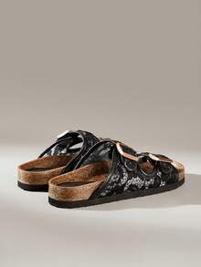 Solecia Women's Mesh Hollowed-Out Double-Button Slippers, Open-Toed Flat-Bottomed Retro Versatile And Breathable Slippers Summer - -8 mesh black - View 9
