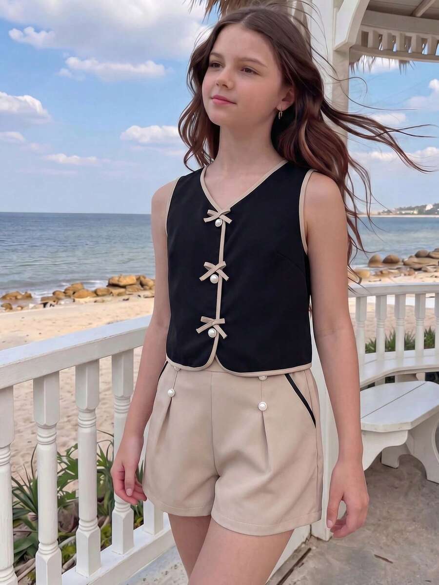 SHEIN Sparklyn 青少年女孩 2件組對比滾邊蝴蝶結裝飾上衣與短褲休閒日常迷你套裝，夏季，可愛，舒適，穿搭 - 彩色 - 查看 1