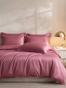 Cirelle 3 Pieces Set Simple Deep Pink Ice Silk Fabric Bedspread Set - Suitable For Bedroom, Guest Room, And Dormitory Decoration, A Soft, Comfortable, Breathable, And All-Season Bedding Set. The Three Pieces Bedspread Set Includes 1 Down Comforter Cover + 2 Pillowcases (Excluding Fillings) - Lao Lang Ice Silk Quilt Cover Three-piece Set - Deep Powder - View 1