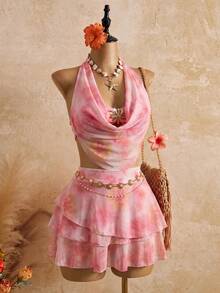 Bellisia 2026 Women's Spring/Summer Vacation Romantic Yellow Orange Floral Halter Tankini Set With Cake Cover-Up Skirt - Pink - View 1