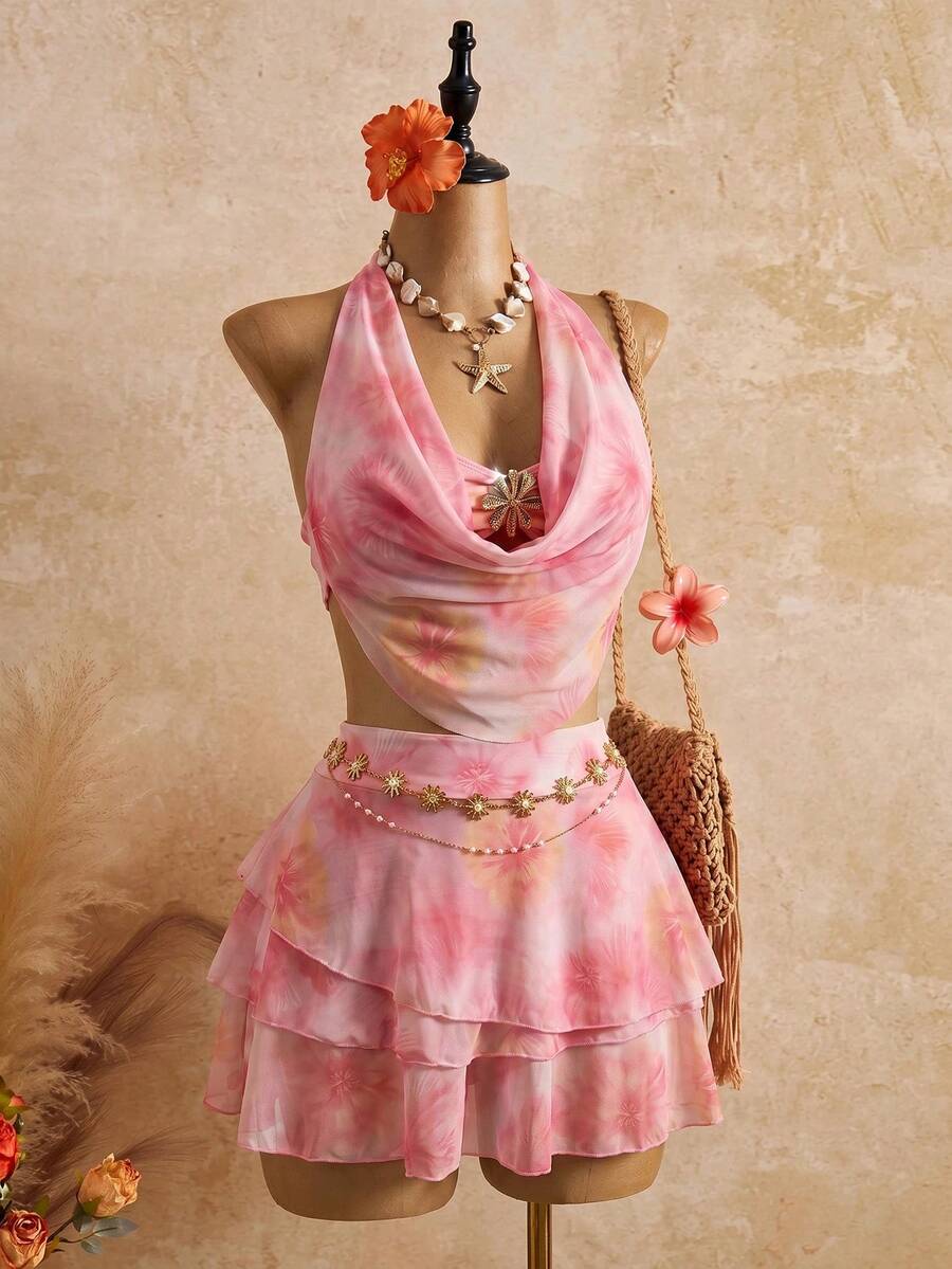 Bellisia 2026 Women's Spring/Summer Vacation Romantic Yellow Orange Floral Halter Tankini Set With Cake Cover-Up Skirt - Pink - View 1
