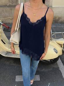 Elegant Women's Summer Camisole In Solid Color With Lace Patchwork And Side Slit - Beige - View 8