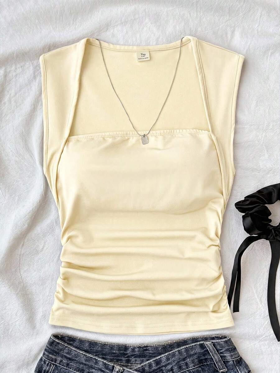 SHEIN Teen Girls T-Shirts Summer Solid Ruched Side Tank Top - Yellow - View 1