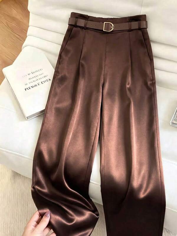 SHEIN MOD Quần dài ống rộng xếp ly satin màu trơn cho nữ size lớn