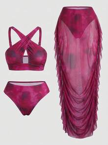 Slaydiva Plus Size Tie-Dye Print Bikini Set - Hot Pink - View 7