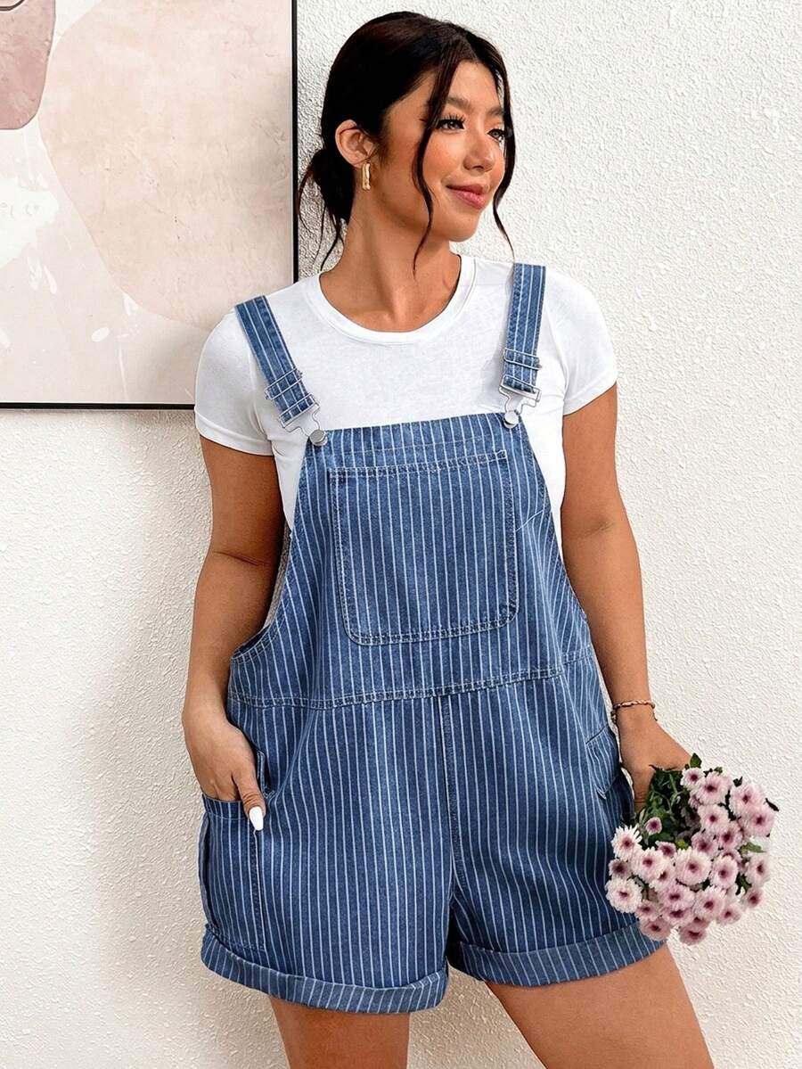Lounesse Plus Size Women's Striped Casual Daily Denim Romper - Medium Wash - View 1