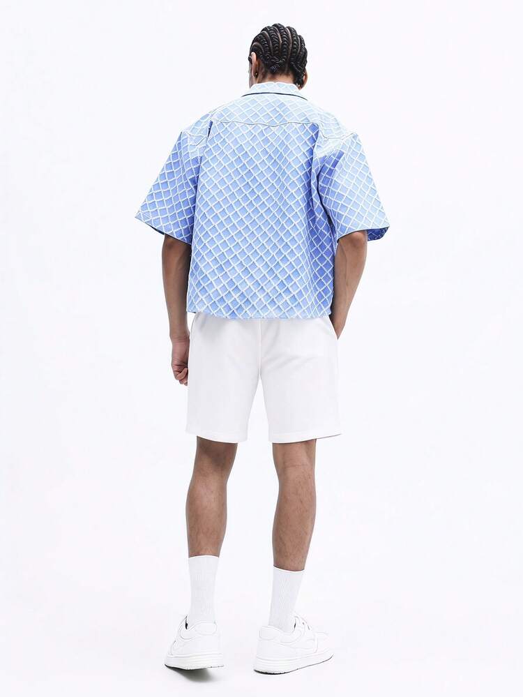 Camicia casual estiva con colletto alla coreana, maniche corte e motivo jacquard con diamanti