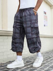 Major Grit Celana Kargo Pria Musim Panas Kasual Fashion Streetwear untuk Perjalanan Sehari-hari Motif Kotak-kotak Pinggang Serut Panjang 3/4 - Baby Blue - View 3
