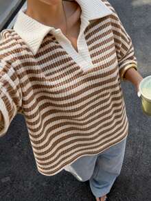 Comfortcana Striped Pattern Polo Collar Plus Size Short Sleeve T-Shirt Suitable For Summer Wear - Brown - View 1