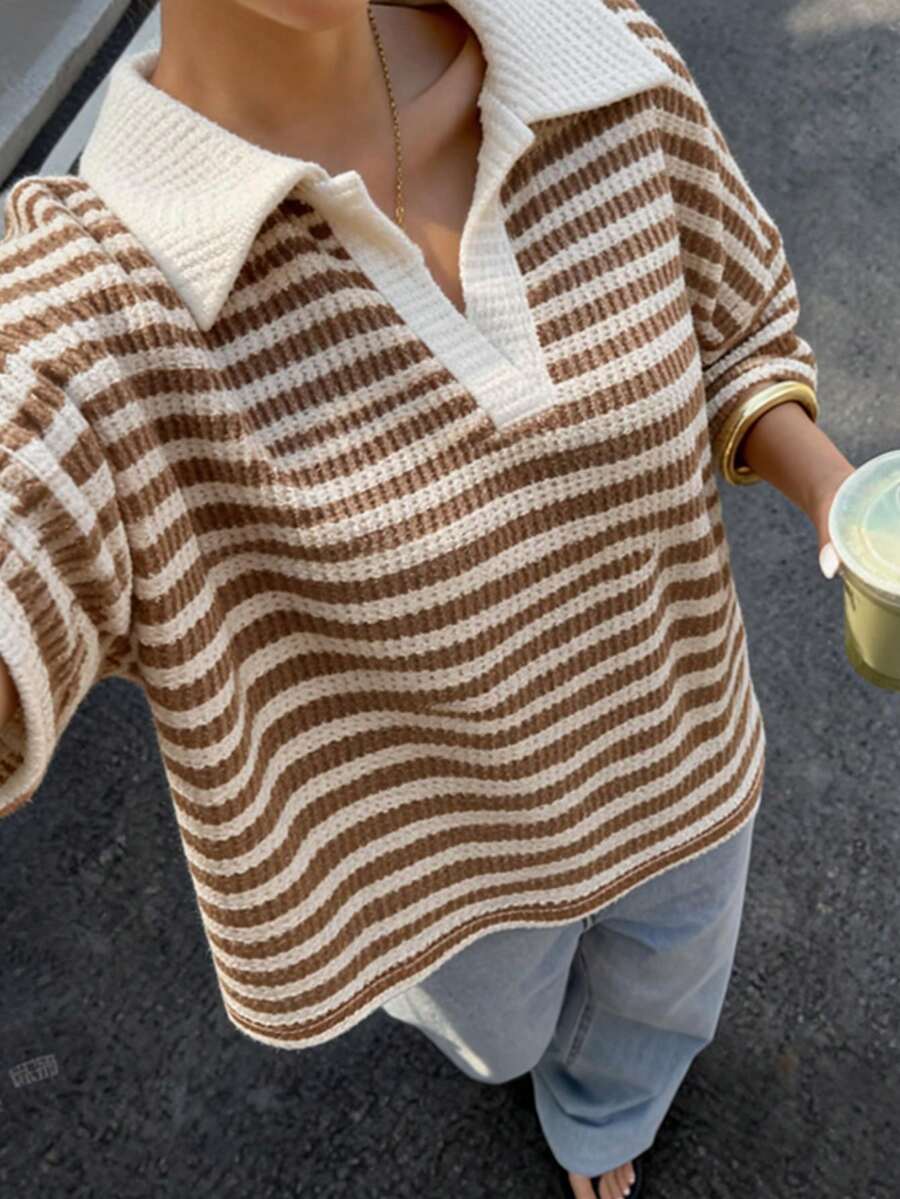 Comfortcana Striped Pattern Polo Collar Plus Size Short Sleeve T-Shirt Suitable For Summer Wear - Brown - View 1