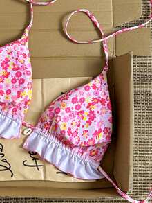 Swim Vcay 女款夏季海灘度假風碎花荷葉邊露背繫帶掛脖比基尼上衣 - 彩色 - 查看 6