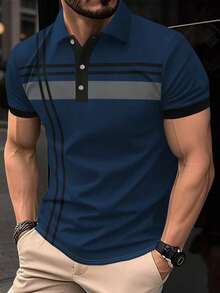 Calvornis 男士夏季條紋短袖休閒通勤 Polo 正裝襯衫，儀式適用 - 藏蓝色 - 查看 7