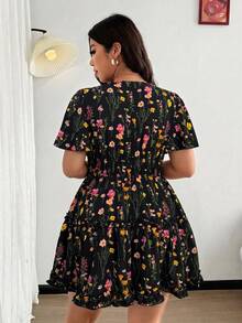 Vionelle Plus Size Women's Vacation Chiffon Printed Ruffle Sleeve Frill Trim Dress - Black - View 2