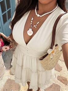 SHEIN SunnyBelle 大尺碼女款休閒度假碎花短袖洋裝 - 杏色 - 查看 6