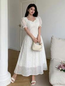 Feyla Women's Polka Dot Print Short Petal Sleeve Elegant Midi Dress - Pearl White - View 7