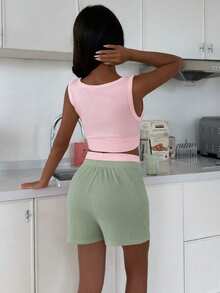 ZzzCrew Vibrant Contrast Color Elastic Soft Ribbed Texture Camisole And Shorts Pajama Set For Women - Multicolor - View 2