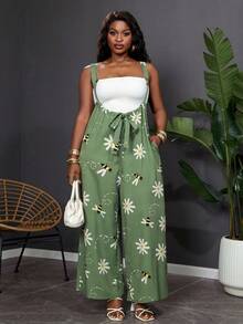 SHEIN Clasi Plus Size Women's Green Floral Print Jumpsuit Summer Boho Vacation Casual Elegant Wedding Guest Party Dress - Green - View 5