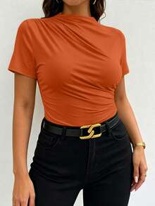 Elenzga Bodysuit Wanita Ukuran Besar Musim Semi/Panas Warna Polos Modis Elegan dari Kain Elastis, Desain Asimetris, Desain Berkerut, Leher Bulat Lengan Pendek, Serbaguna untuk Perjalanan Sehari-hari - Jeruk - View 5