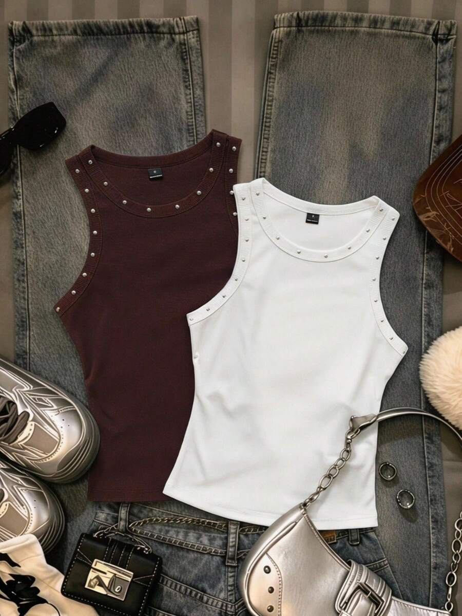 Comfortcana Áo ba lỗ nữ thường ngày đính hạt trang trí, mùa hè - Nhiều màu - Xem 1
