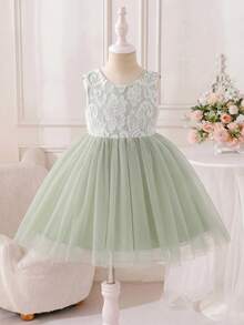 SHEIN Glamorique Kids 婚禮花童公主女童禮服大裙擺派對洋裝 全季節適用 鼠尾草綠 蓬蓬紗網格 綴珠 V領露背 大蝴蝶結 夏季優雅 秋冬款 - 綠色 - 查看 6