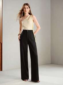 MOTF PREMIUM PANTALONES LARGOS DE PIERNA RECTA CON PLIEGUES Y DRAPEADO TIPO PALILLO PARA USO DIARIO EN OFICINA Y DESPLAZAMIENTOS PRIMAVERA/VERANO - Negro - Ver 3