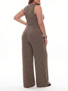 Solavibe Plus Size Women's Striped Colorblock Top And Pants Casual Daily 2 Pieces Set - Brown - View 3