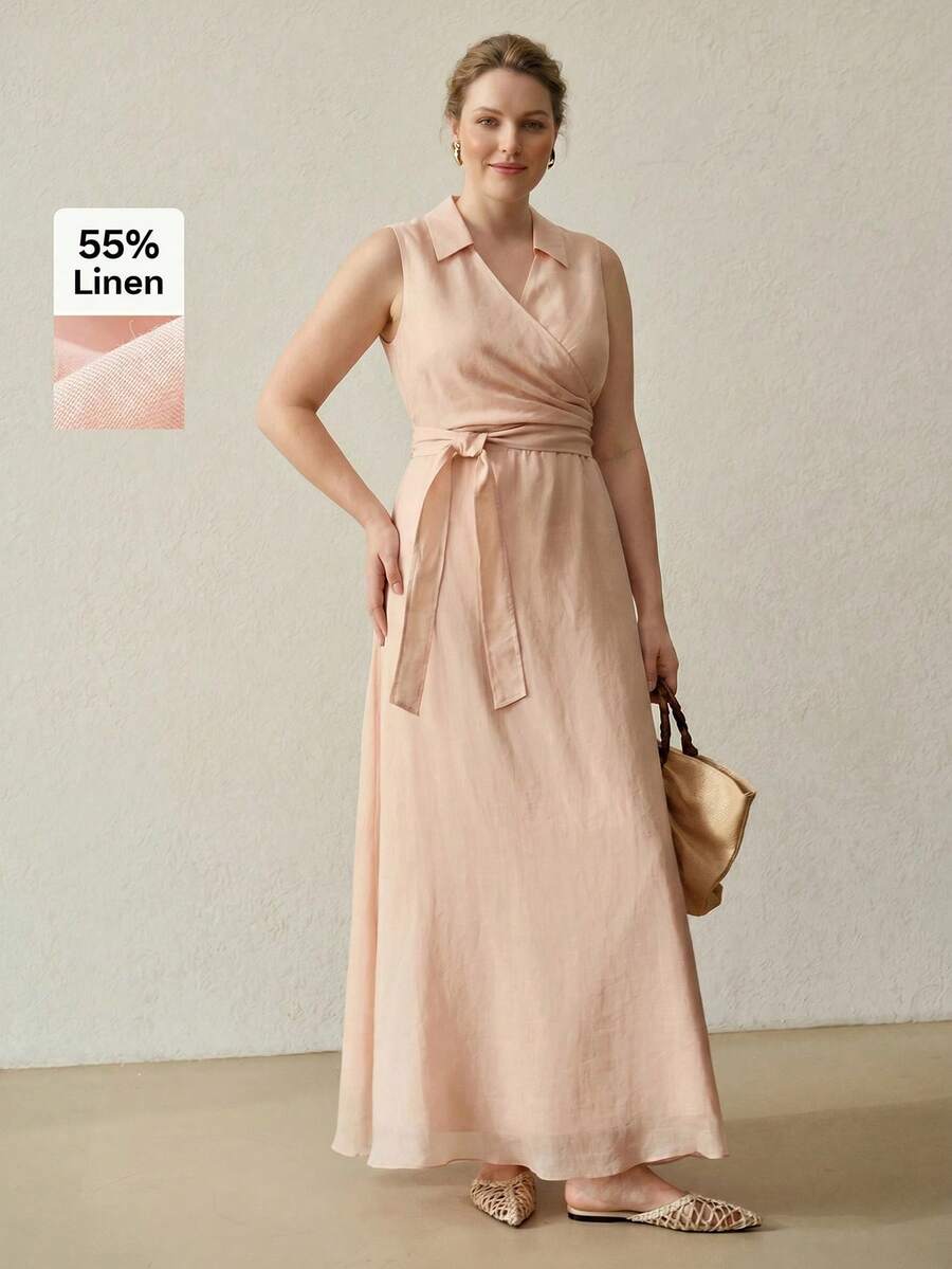 MOTF PREMIUM AUTUMN/WINTER WOMEN'S PLUS SIZE LINEN BLEND COLLARED SLEEVELESS WRAP LONG DRESS - Baby Pink - View 1