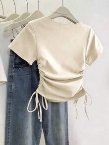 Resyla Camiseta casual de mujer de manga corta, cuello redondo, unicolor y cordón lateral - Albaricoque - Ver 2
