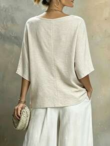 Isle Nomé Women's Casual Linen-Like Solid Color V-Neck Twist Knot Blouse, Spring/Summer - Khaki - View 2