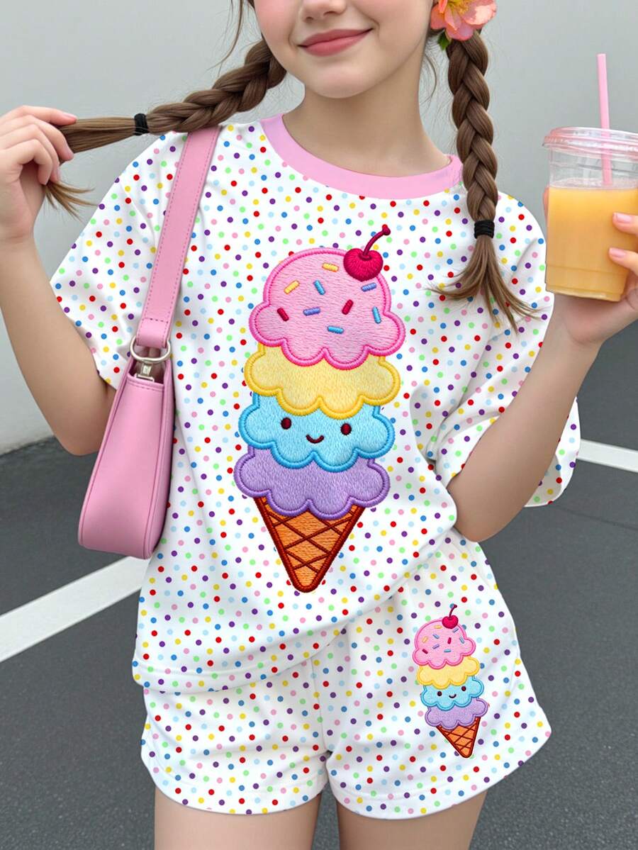 Tween女孩休閒極簡可愛夏季冰淇淋圖案,彩色波點印花,甜美奶油風,度假風,短袖短褲兩件套,適合夏季,圖案設計,舒適,女孩套裝,Y2K,Kawaii - 彩色 - 查看 1