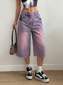 SHEIN EZwear Women's Casual Versatile Denim Shorts With Pockets And Buttons For Daily Outings - Purple - View 3
