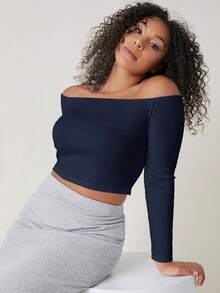 SHEIN BASICS 大尺碼女款素色露肩修身百搭日常外出長袖T恤 - 藏蓝色 - 查看 1