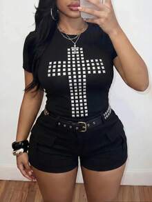 Slaydiva Gaya Musim Semi/Panas Terbaru Meliputi Festival Musik, Paskah, Hari St. Patrick, Gaya Barat, Wisuda, Gaya Preppy, Pakaian Pelajar, Kasual Sehari-hari, Pakaian Dasar Serbaguna, Kasual, Retro Amerika, Sedang Tren, Gaya Jalanan, Cocok untuk Jalan-jalan Sehari-hari, dan Jalan-jalan Bersama Teman. Potongan Slim Fit, Hitam Polos, Lengan Pendek, Motif Silang, Ukuran Plus, Atasan Kaos Dasar Reguler - A - Hitam - View 5