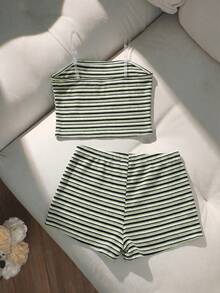 2件/組 女童夏季Y2K風格黃白條紋情侶內衣套裝，3D海星刺繡泡泡紋理面料，隱形肩帶抹胸上衣 + 低腰內褲，親膚柔軟，甜美清涼海灘度假風，適合夏季假期穿搭 - 彩色 - 查看 2