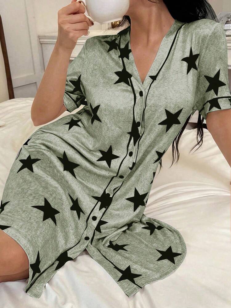 SHEIN 美国休闲星形印花V领短袖女士睡裙 - 彩色 - 查看 1